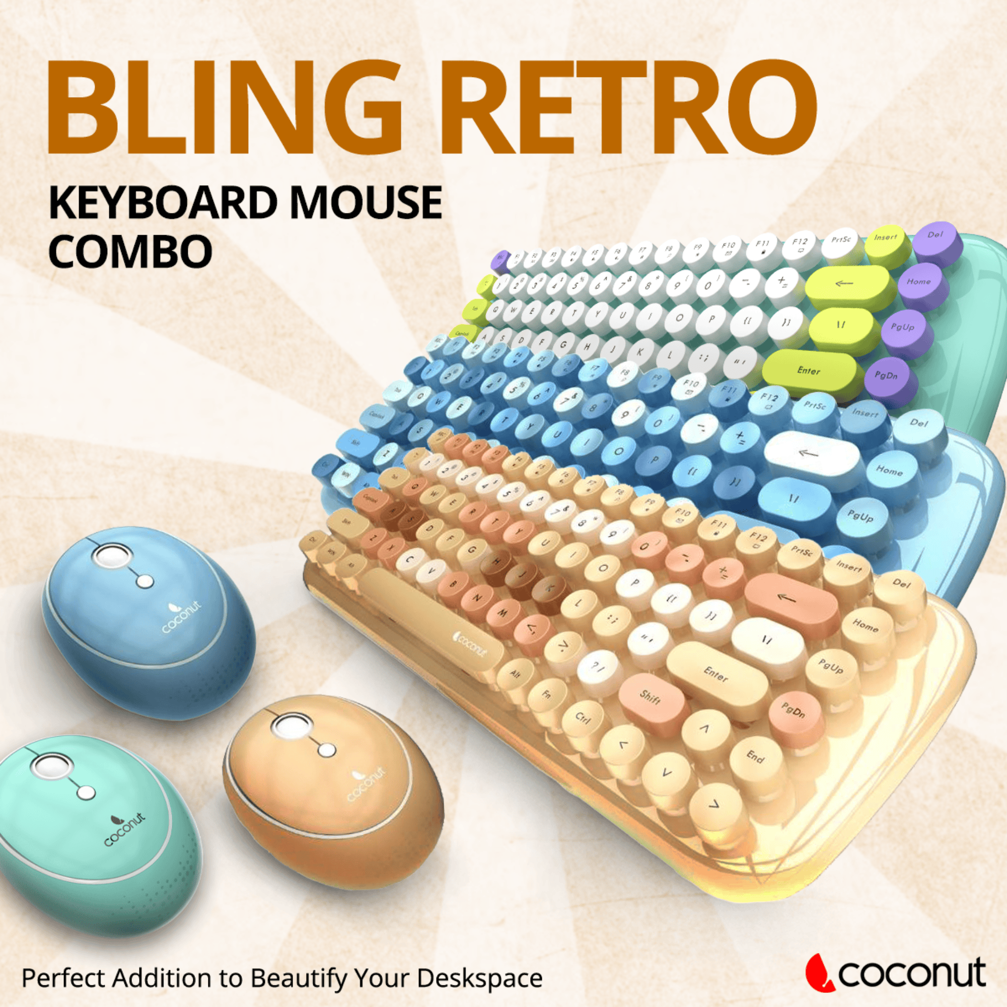 Retro wireless keyboard and mouse combo with a bling design