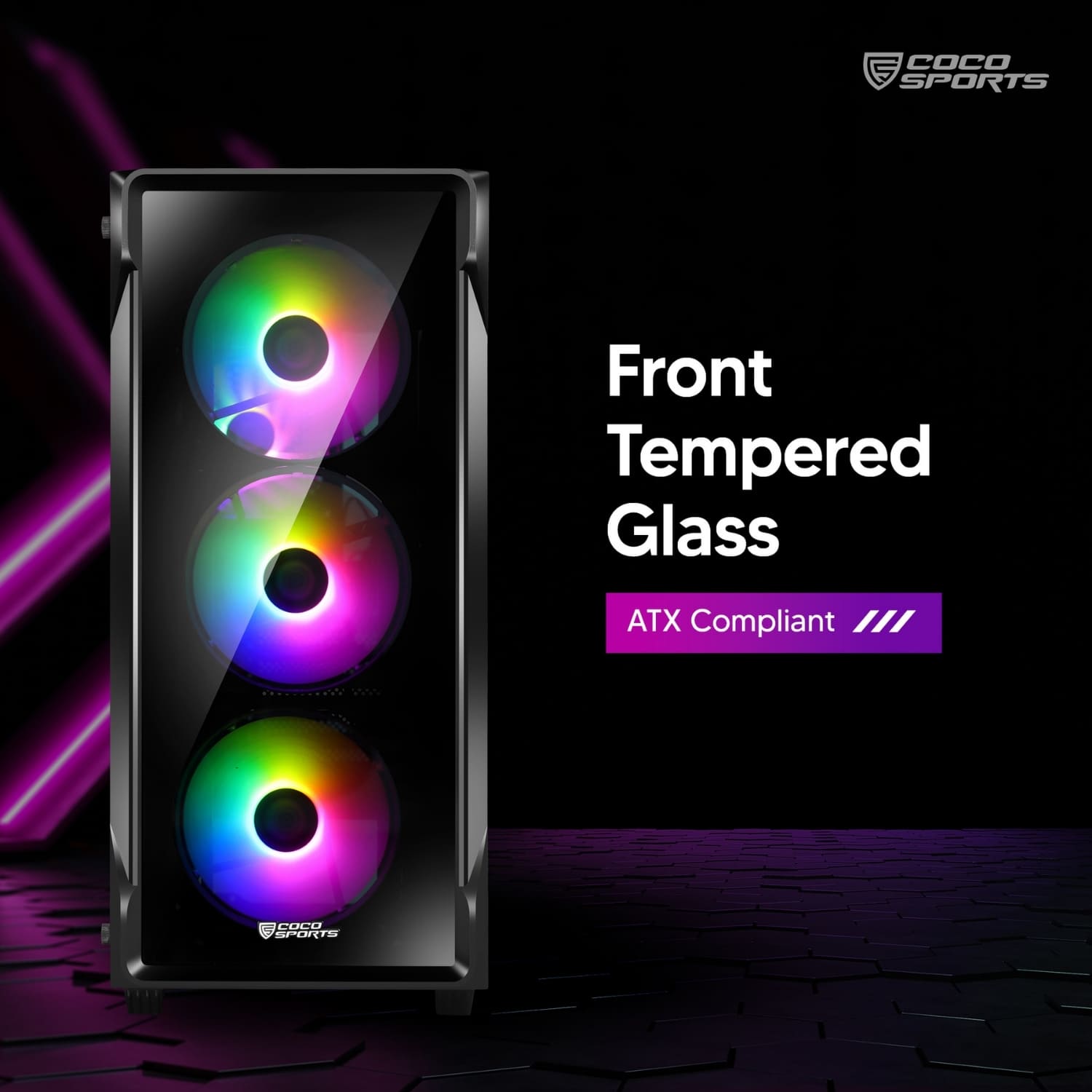 Front and side view of NOVA 220 ATX case with 4 RGB fans and glass panel