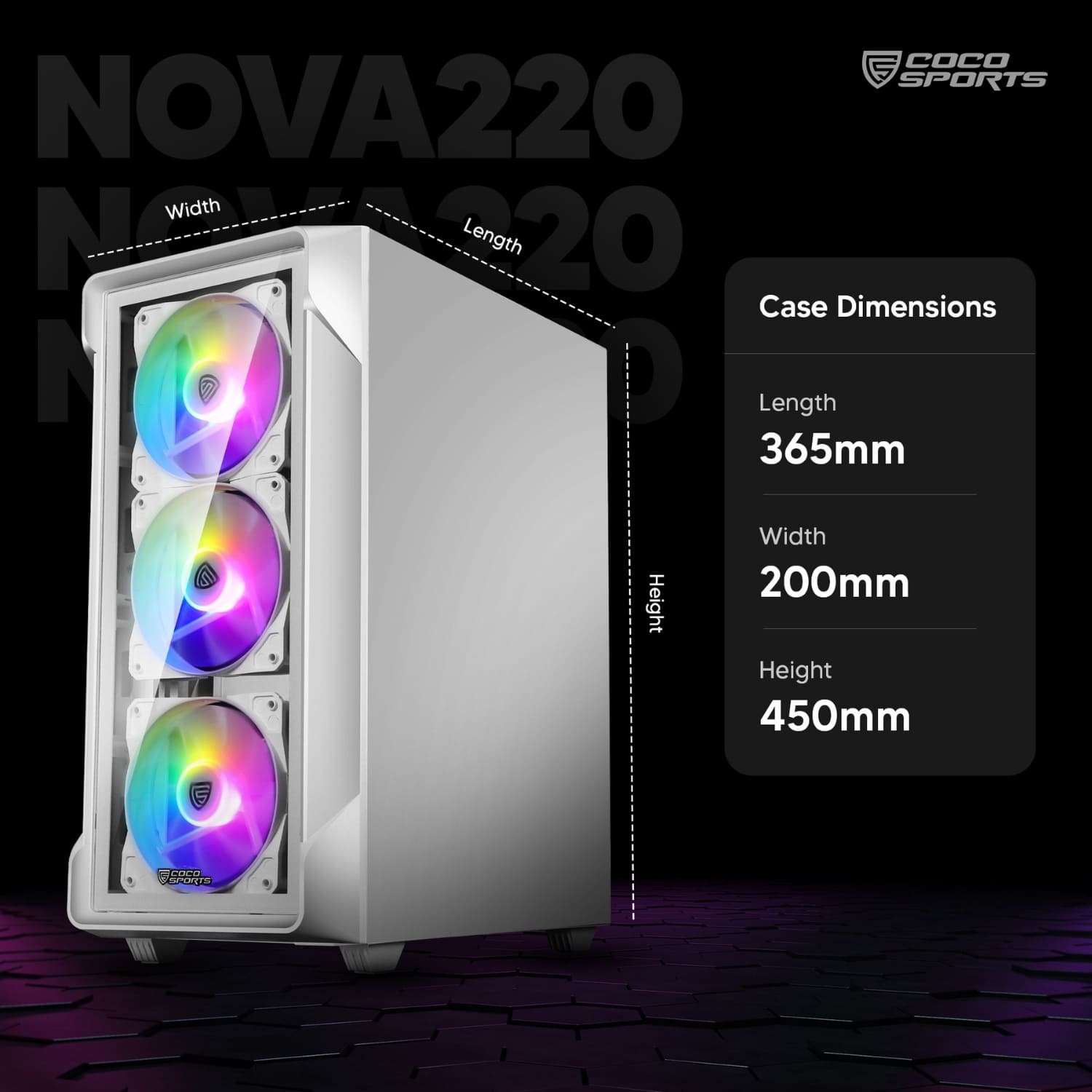 Front and side view of NOVA 220 ATX case with 4 RGB fans and glass panel