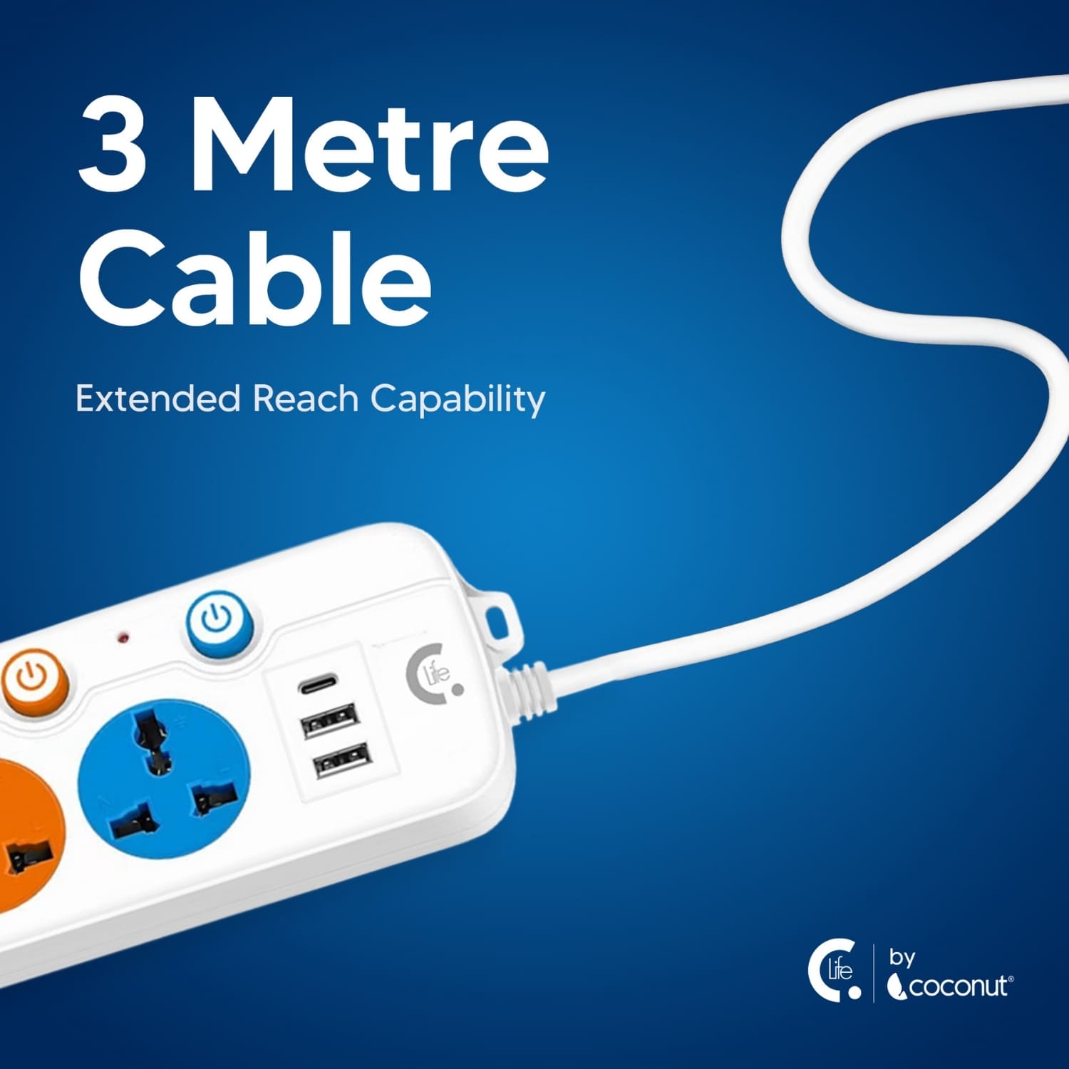 EB03 Power Strip with 5 Sockets, USB, Type-C, 3m Cable, LED & Switch