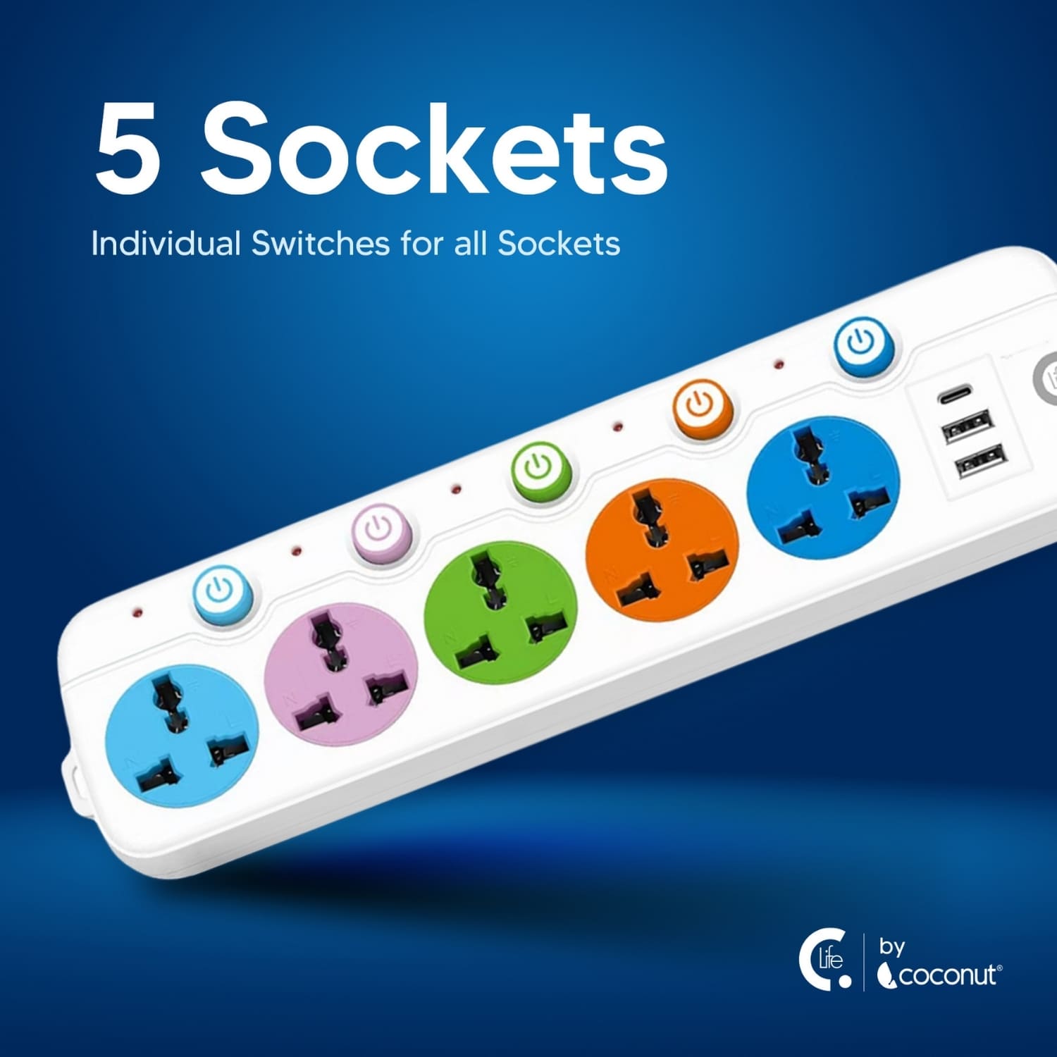 EB03 Power Strip with 5 Sockets, USB, Type-C, 3m Cable, LED & Switch