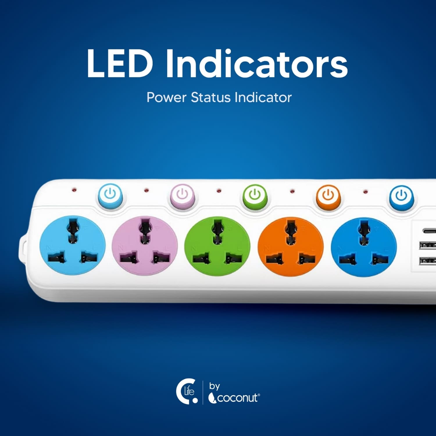 EB03 Power Strip with 5 Sockets, USB, Type-C, 3m Cable, LED & Switch