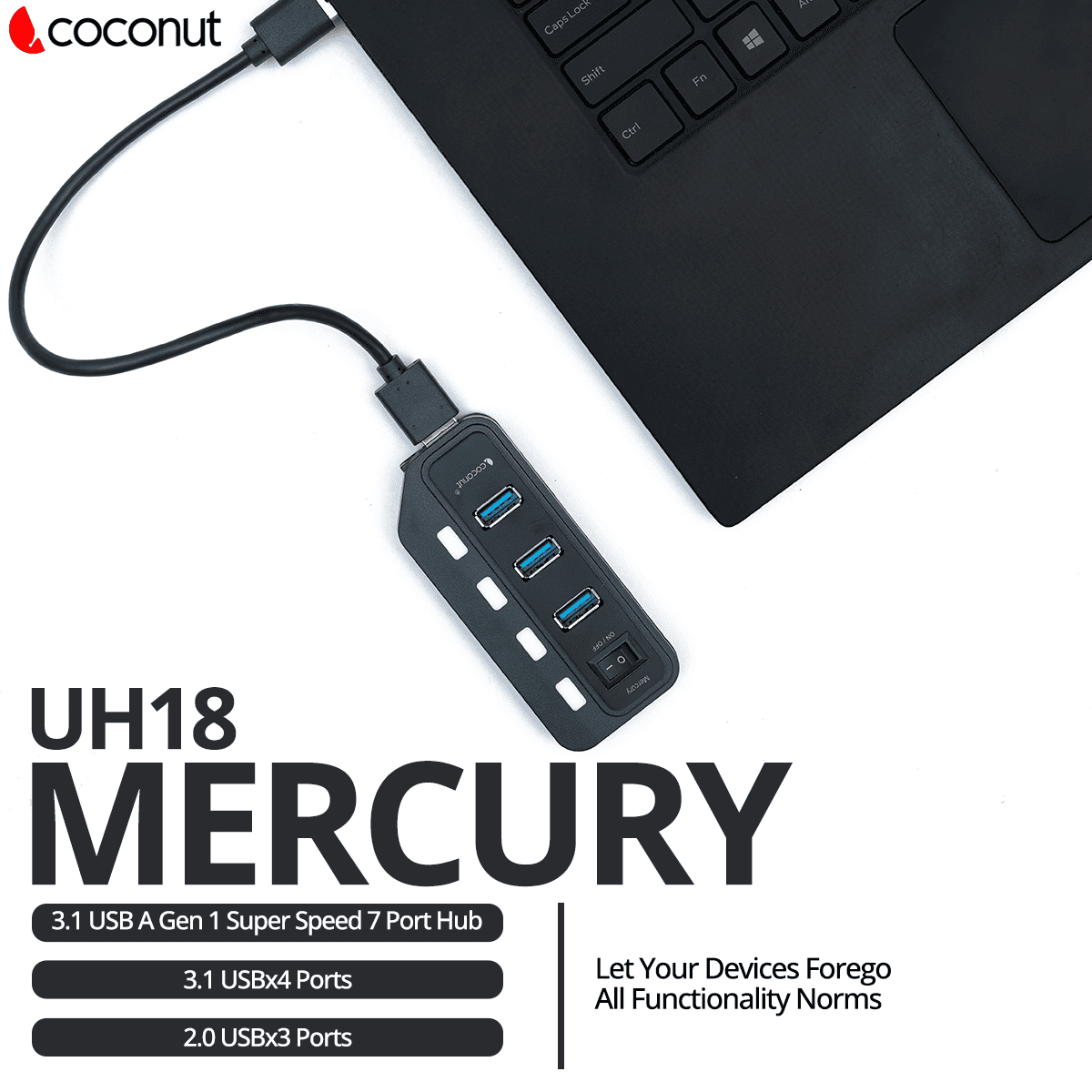UH18 Mercury 7-Port USB Hub with sleek design and multiple connections