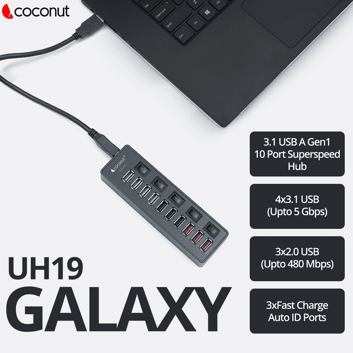 UH19 Galaxy 10 Port USB Hub with 3 Auto ID Charging Ports