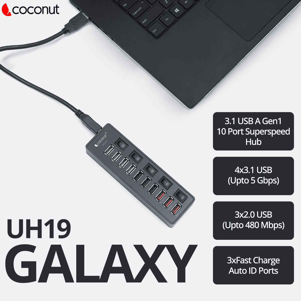 UH19 Galaxy 10-Port USB Hub with 3 Auto ID Charging Ports for Devices