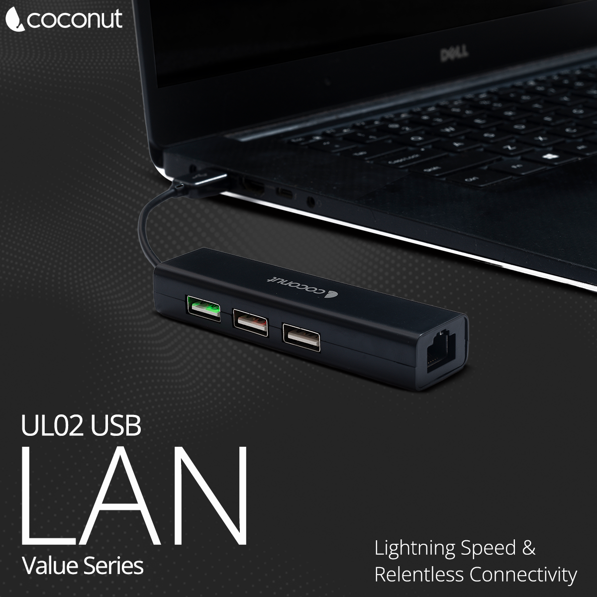 UL02 USB 2.0 Hub with 3 USB ports and LAN port for connectivity