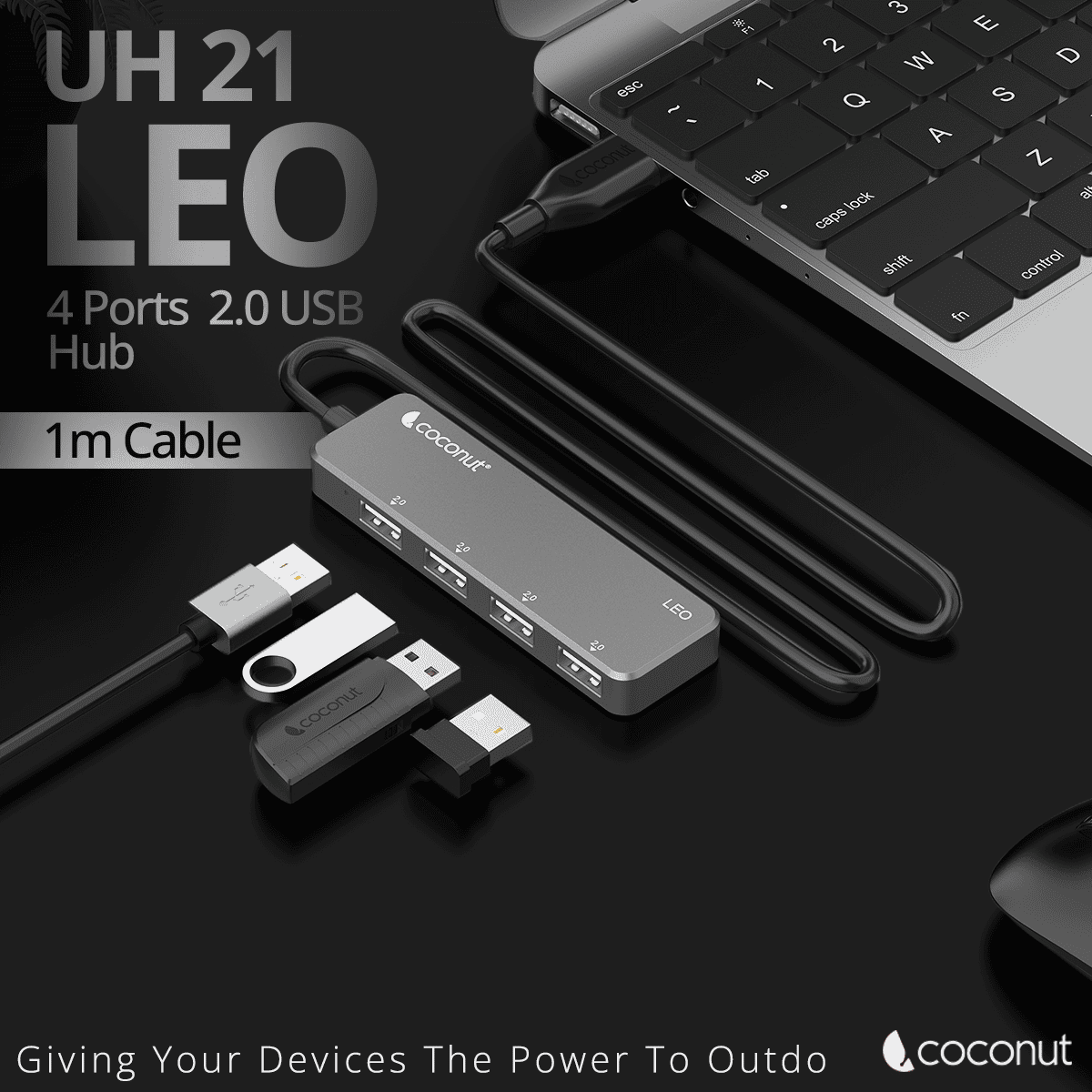 UH21 Leo 4 Port USB 2.0 Hub, 1M Cable