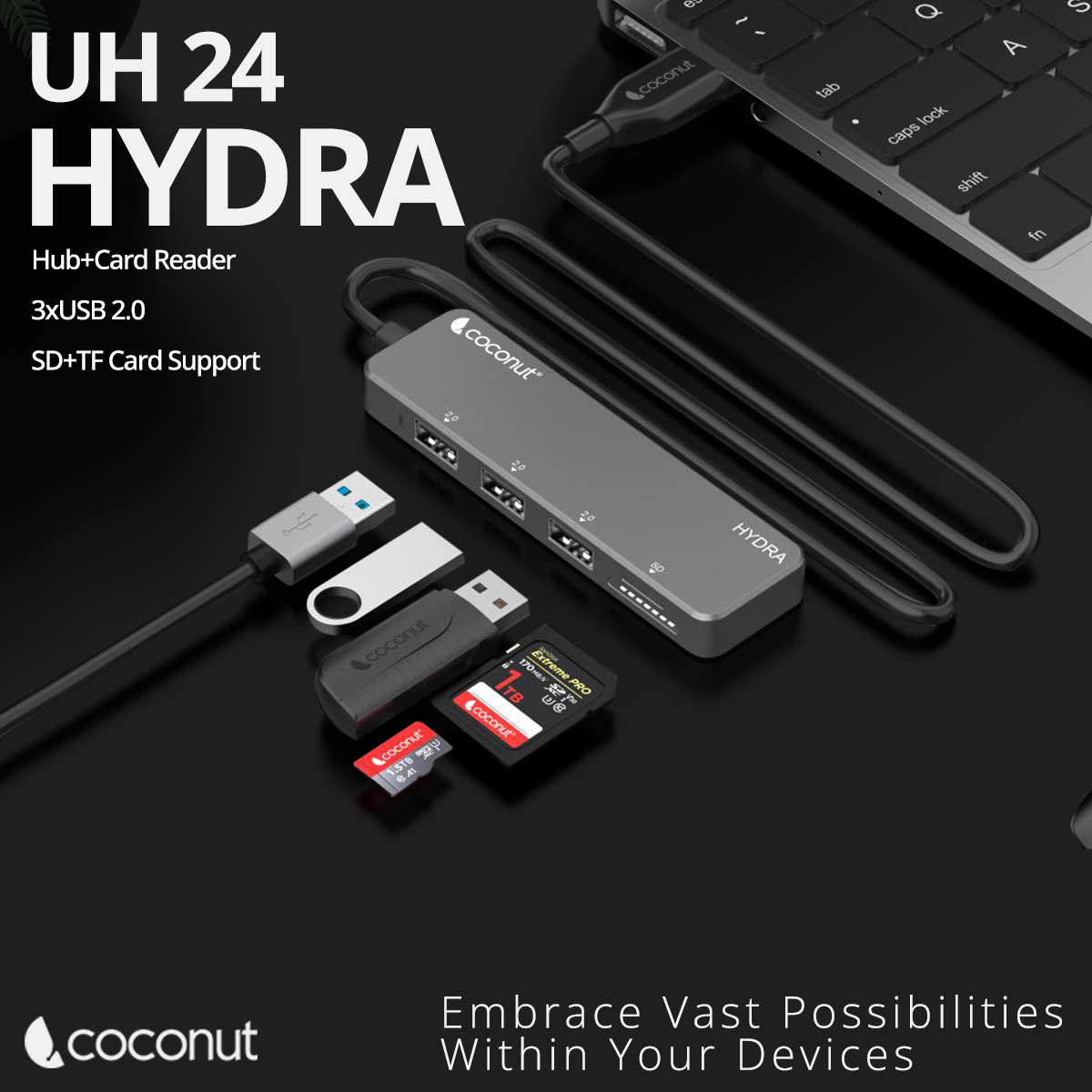 UH24 Hydra 3 Port USB Hub with Card Reader