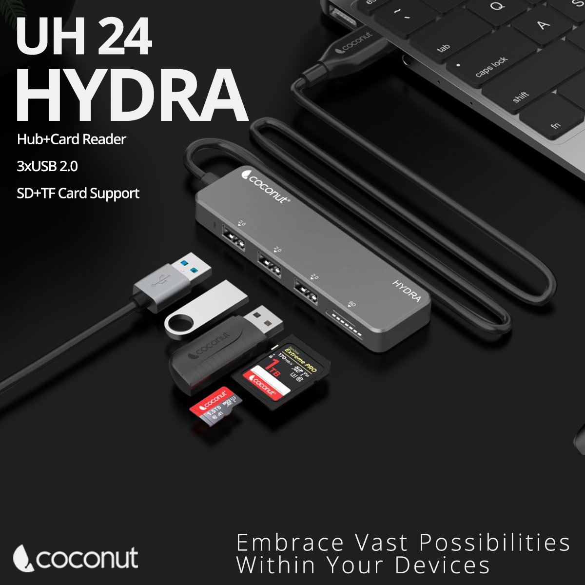 UH24 Hydra 3-Port USB Hub with built-in card reader for convenience