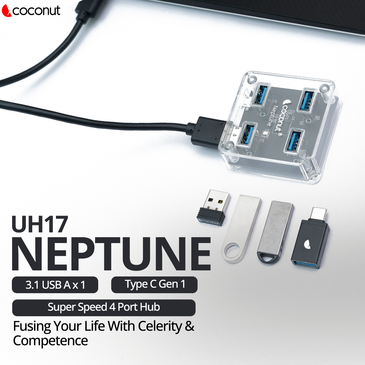 UH17 Neptune 4 Port USB 3.1 Hub, Transparent Design
