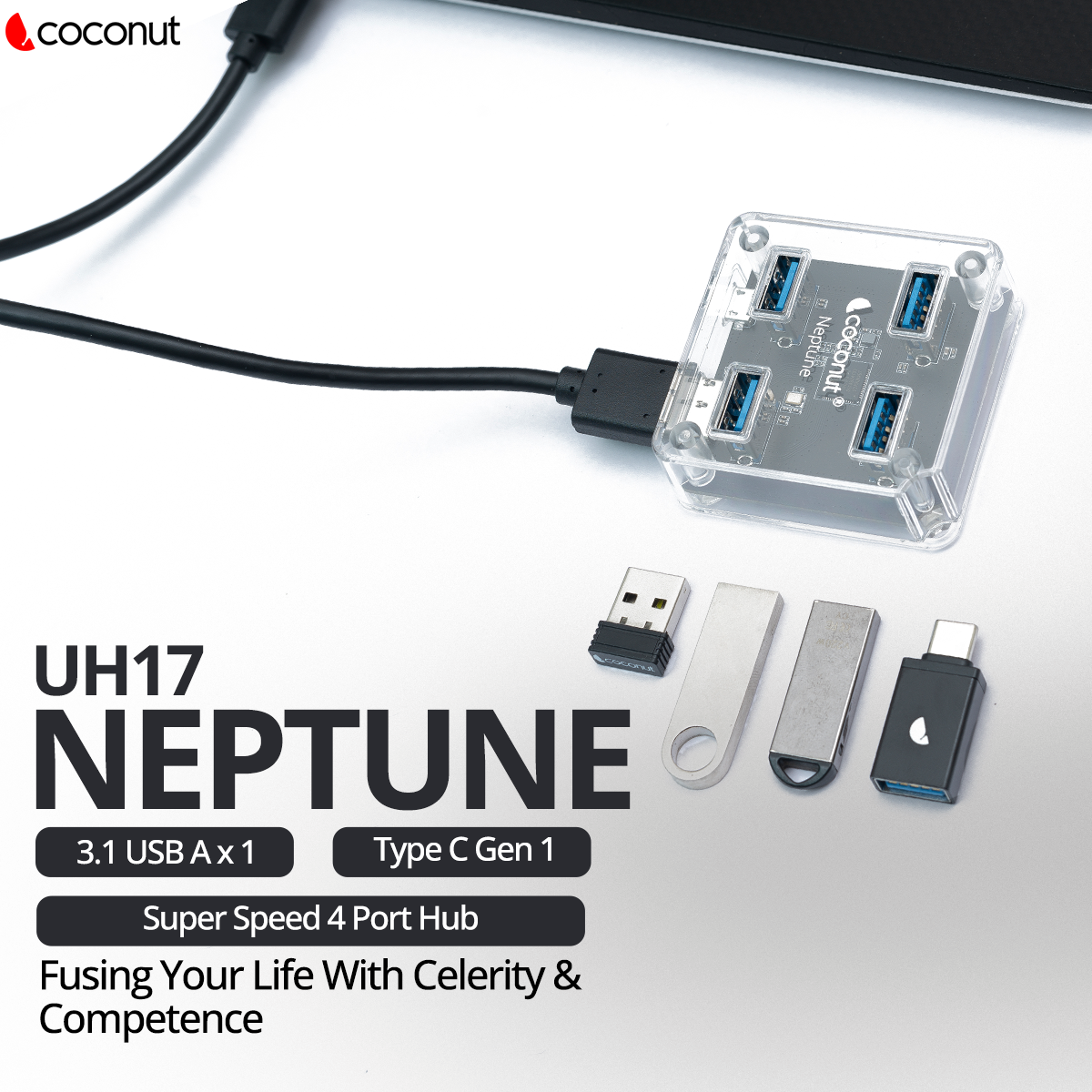 UH17 Neptune 4-Port USB 3.1 Hub with Transparent Design for Connectivity