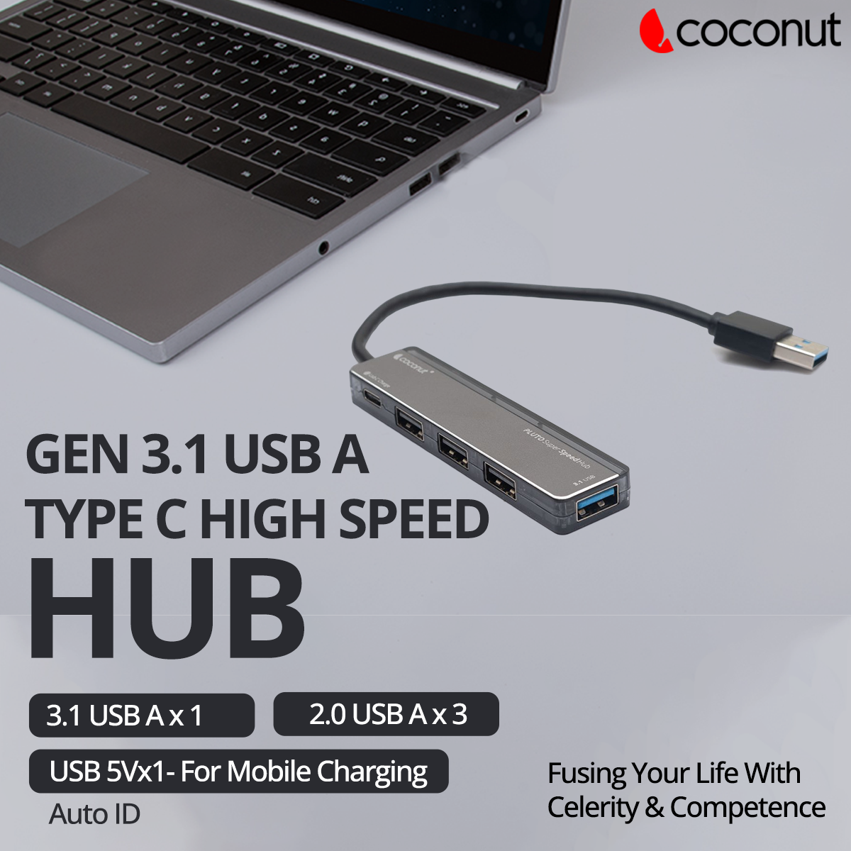 UH16 Pluto 4-Port USB Hub with Type-C Charging Port, Compact Design