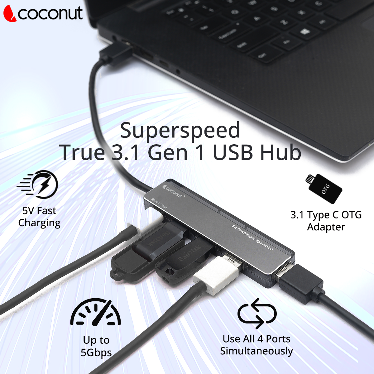 UH15 Saturn 4 Port USB Hub + Type C Charger