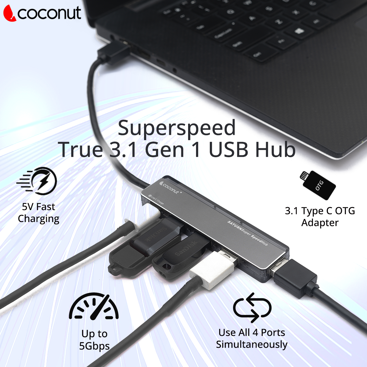 UH15 Saturn 4-Port USB Hub with Type-C Charger for versatile charging