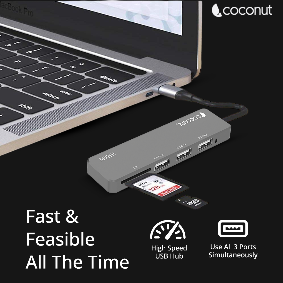 UH24 Hydra 3-Port USB Hub with built-in card reader for convenience