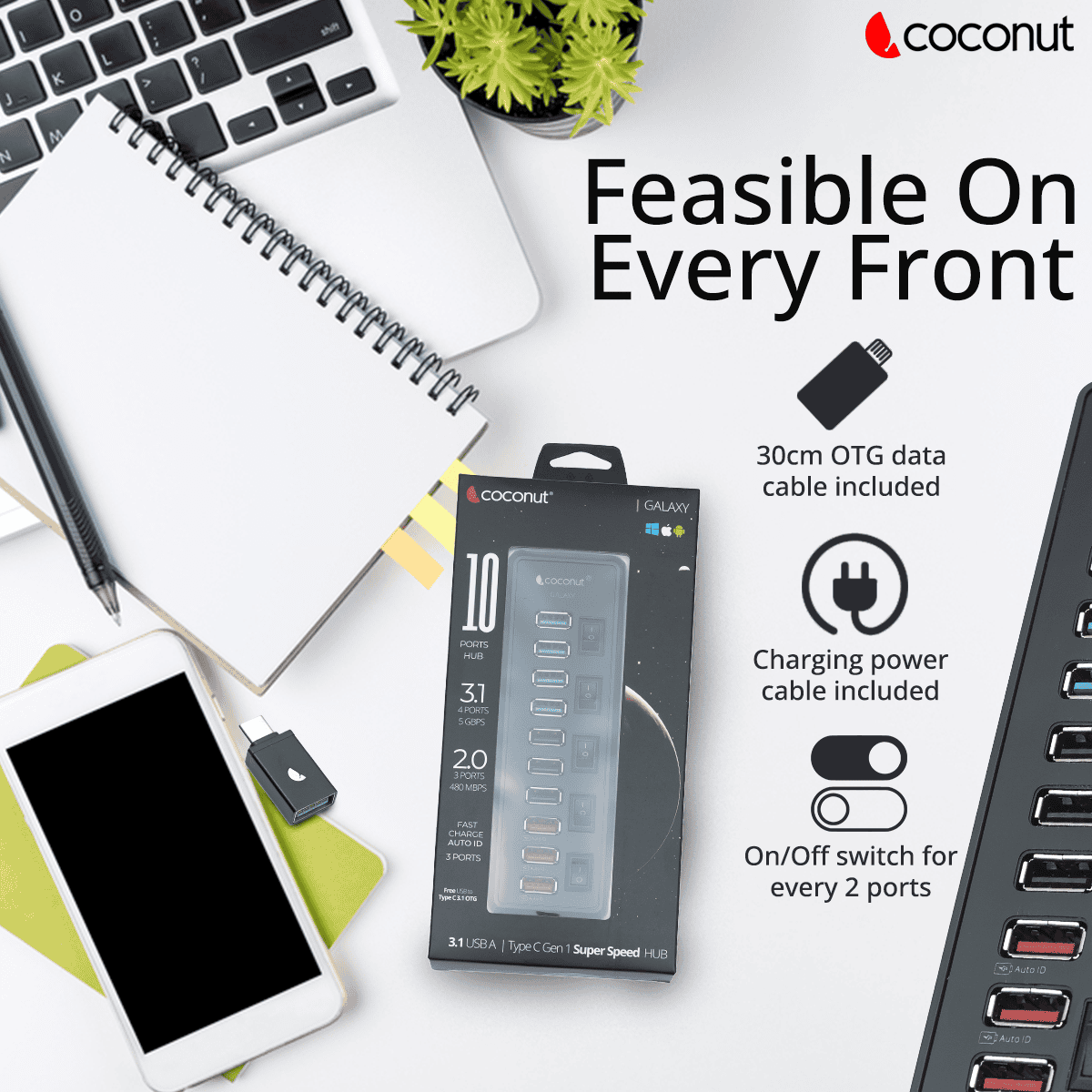 UH19 Galaxy 10-Port USB Hub with 3 Auto ID Charging Ports for Devices