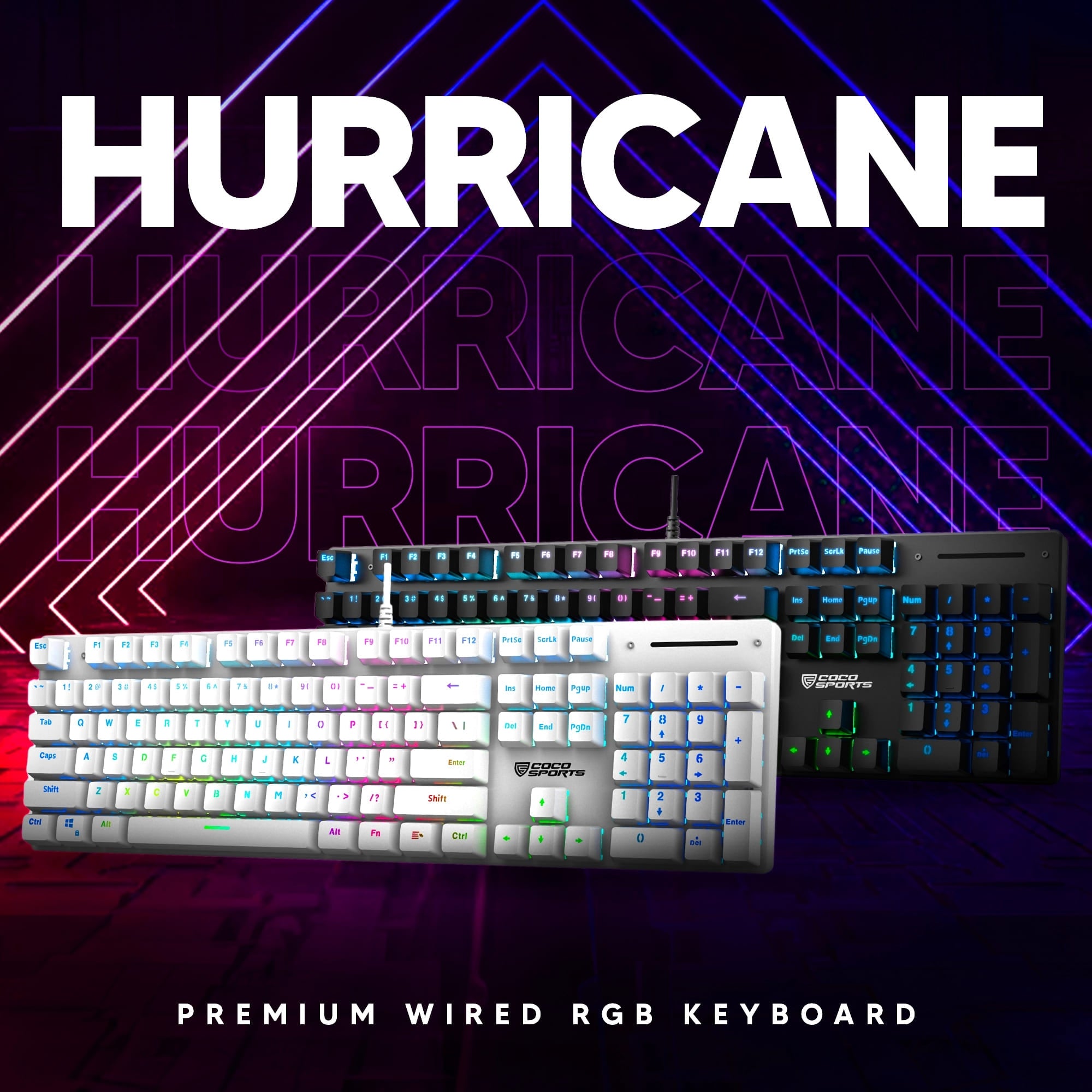 Close-up of a sleek, mechanical Hurricane Keyboard with RGB lights