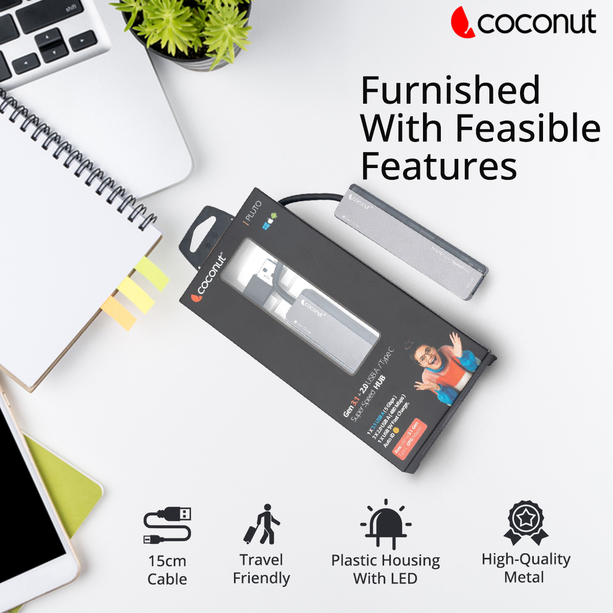 UH16 Pluto 4-Port USB Hub with Type-C Charging Port, Compact Design