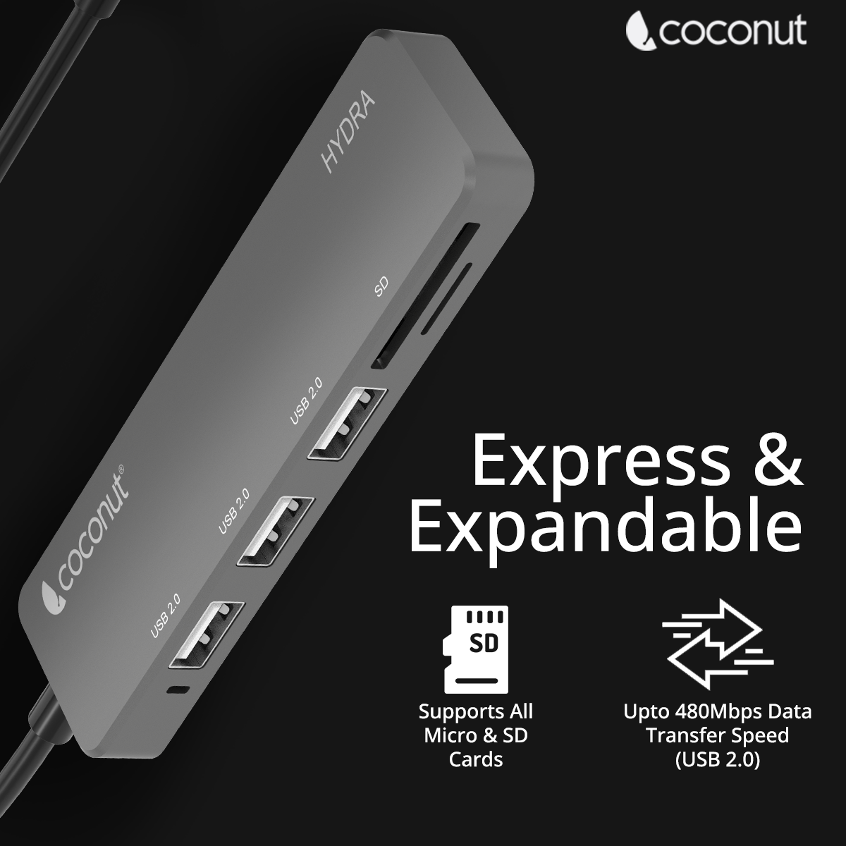 UH24 Hydra 3-Port USB Hub with built-in card reader for convenience