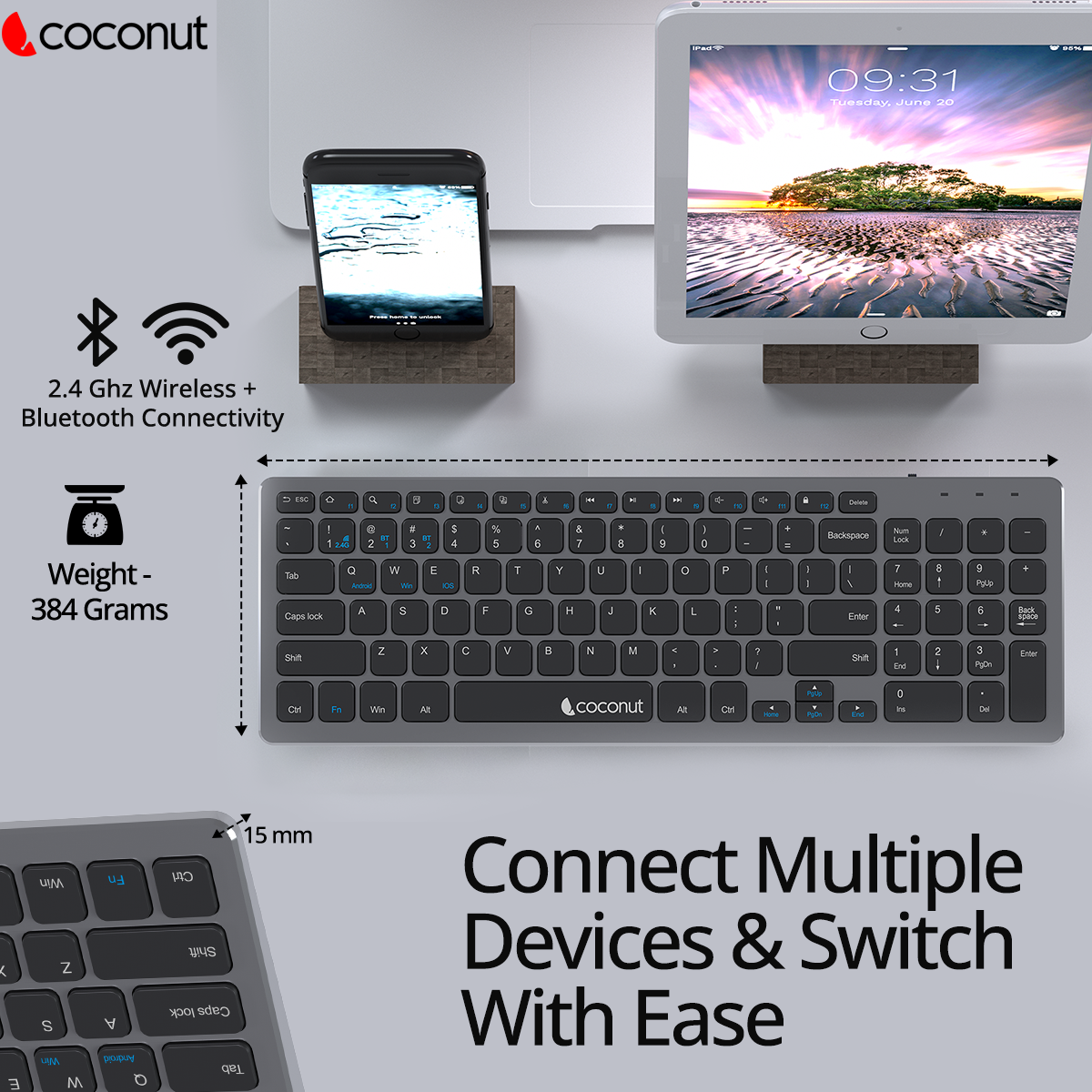 Wonder 2.0 Multi-Device Wireless Keyboard, sleek and versatile design