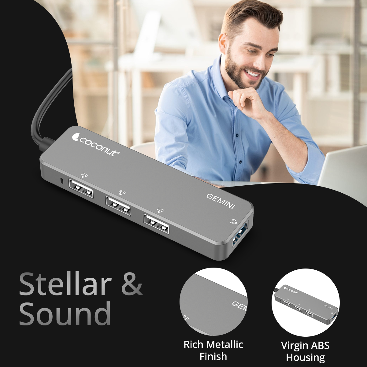 UH23 Gemini 4-port USB hub with sleek, compact design