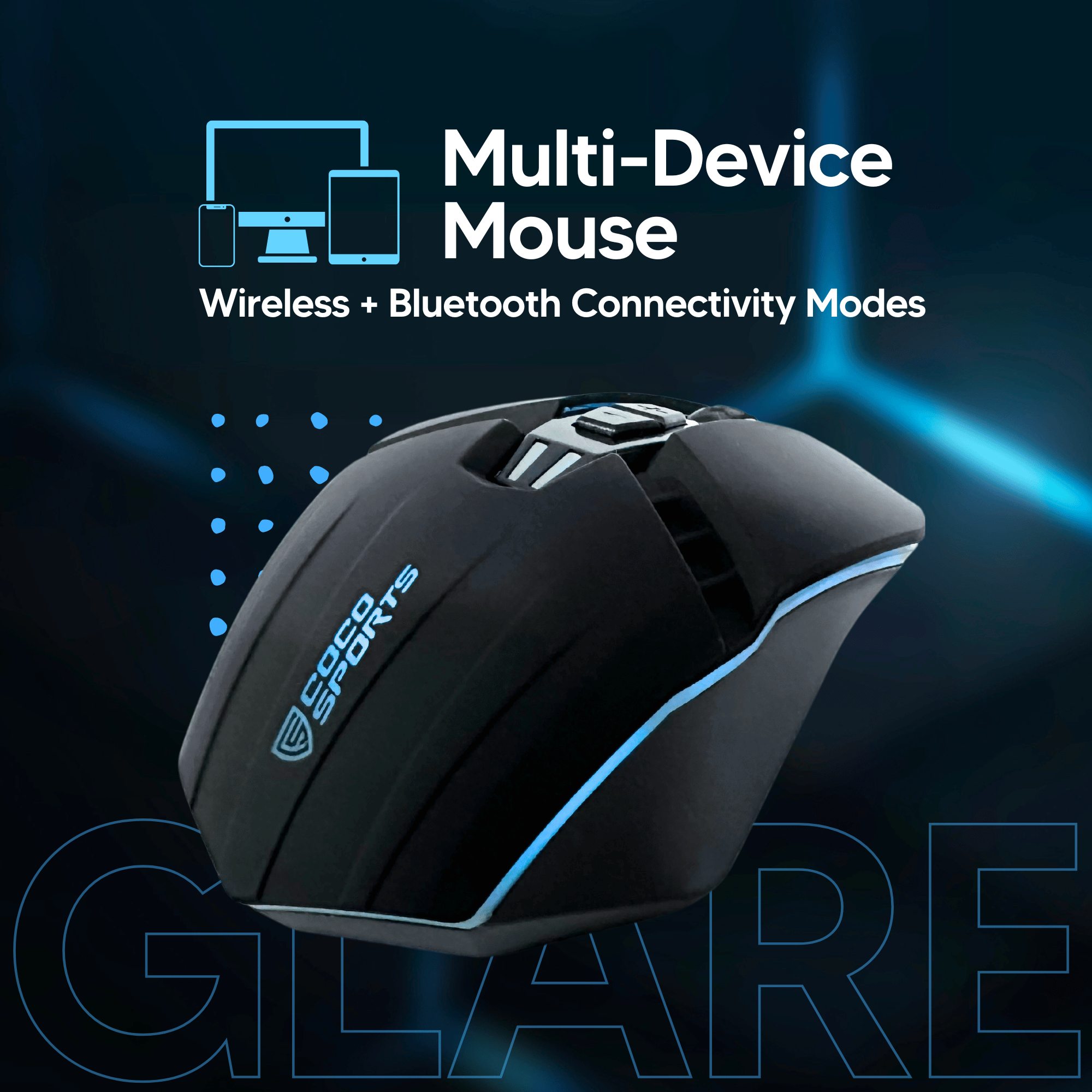 Glare Wireless Ergonomic Gaming Mouse with 6 buttons, 2.4GHz + BT