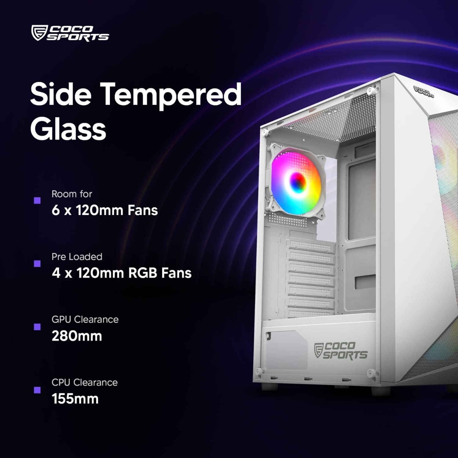 Front view of NOVA 330 - ATX with 4 RGB fans and tempered glass side