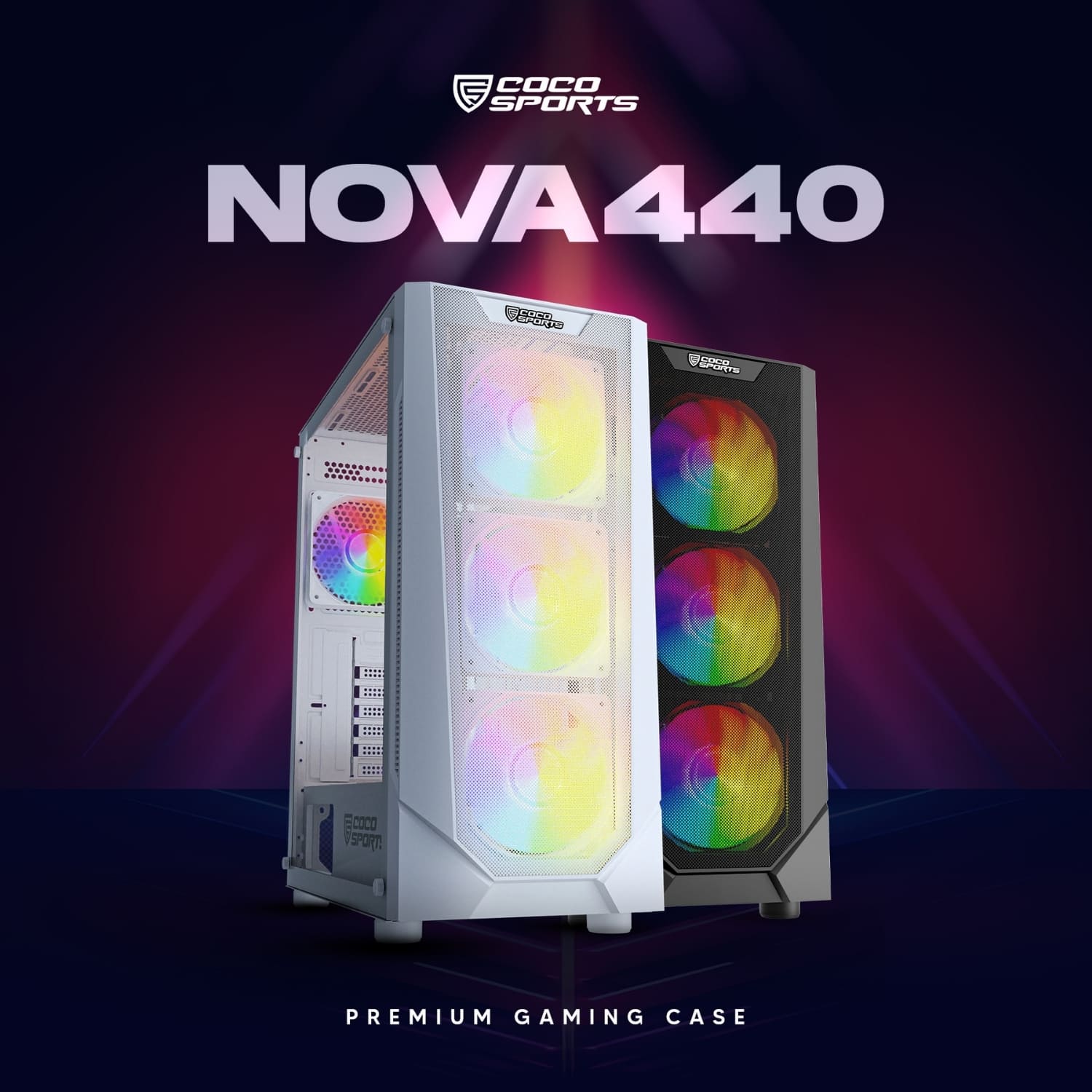 Nova 440 case with 4 pre-installed RGB fans, sleek ABS design