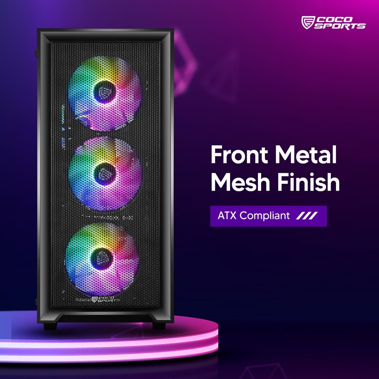 Front view of NOVA 110 ATX case with pre-loaded 4 RGB fans glowing