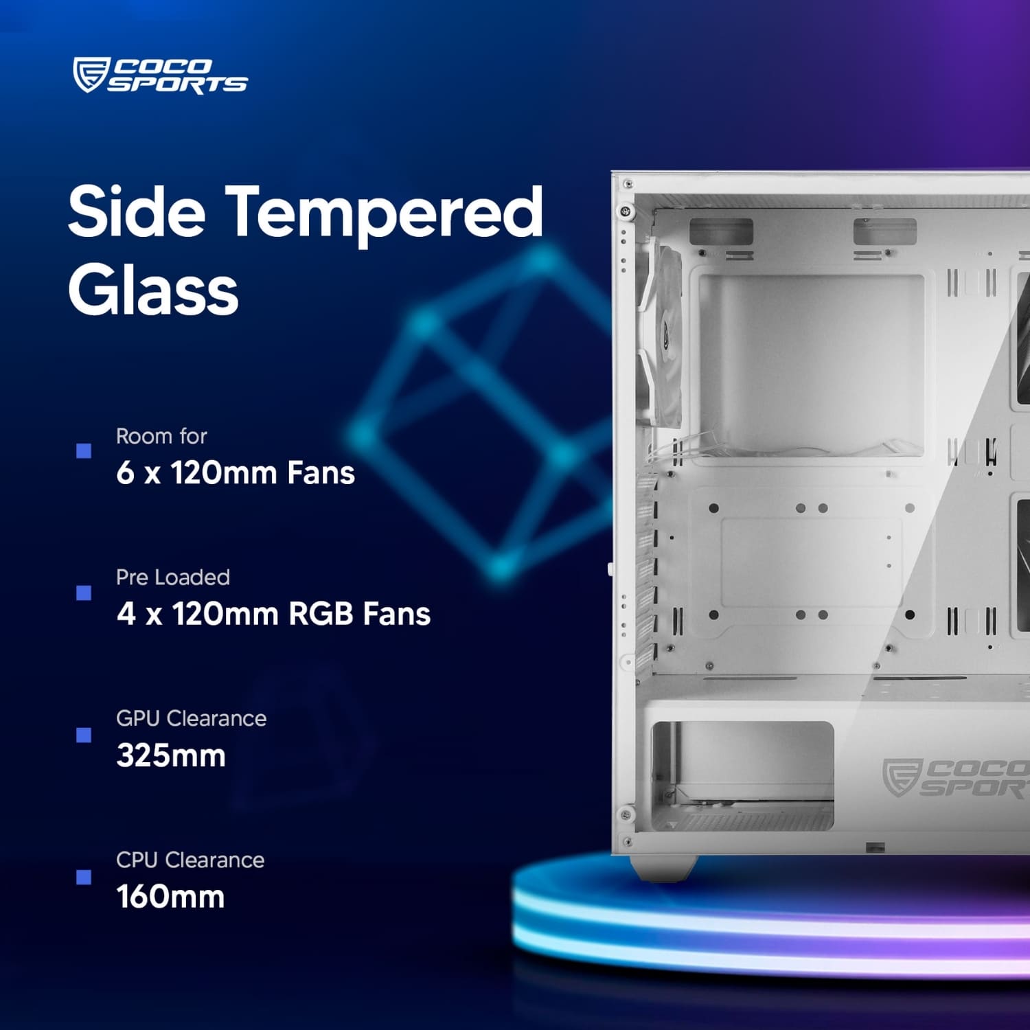 Front view of NOVA 110 ATX case with pre-loaded 4 RGB fans glowing
