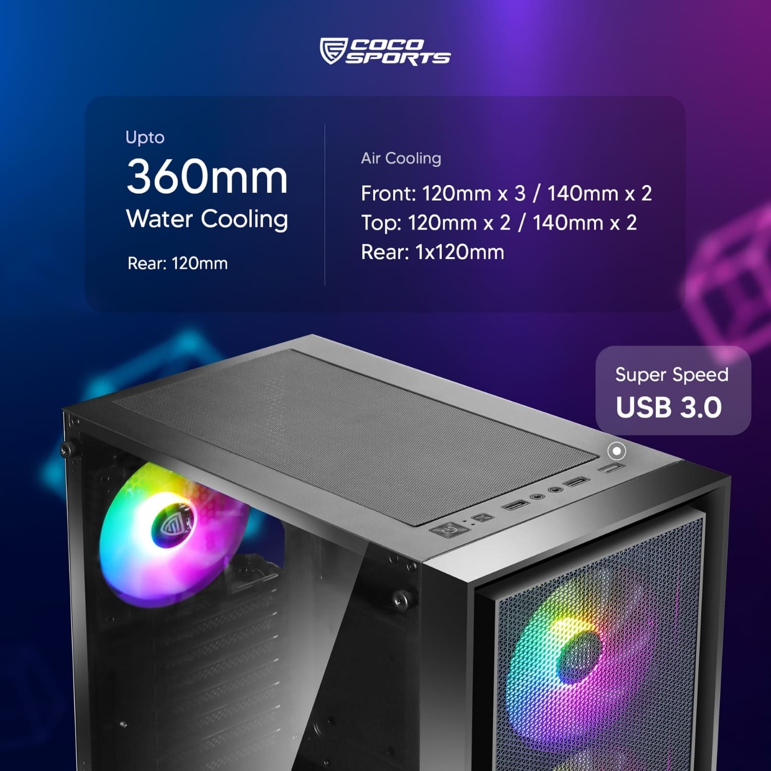 Front view of NOVA 110 ATX case with pre-loaded 4 RGB fans glowing