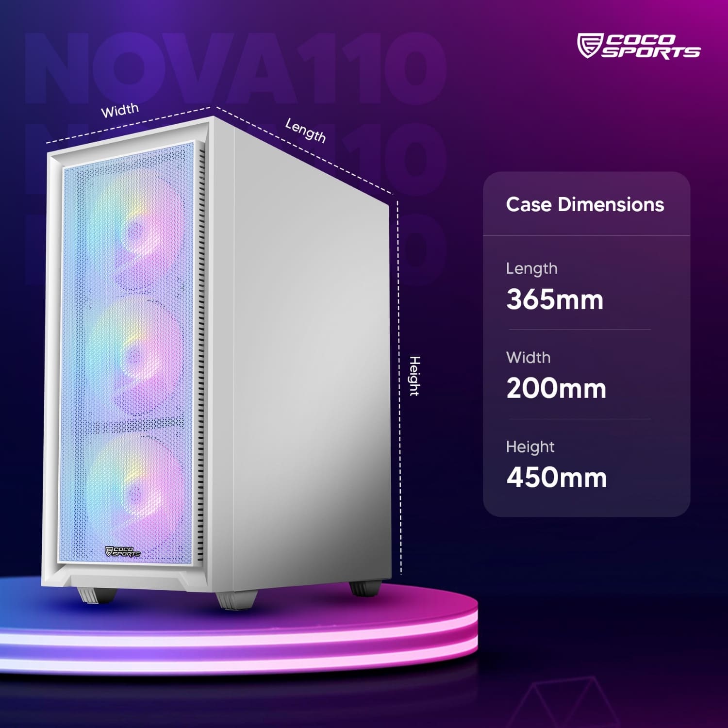 Front view of NOVA 110 ATX case with pre-loaded 4 RGB fans glowing