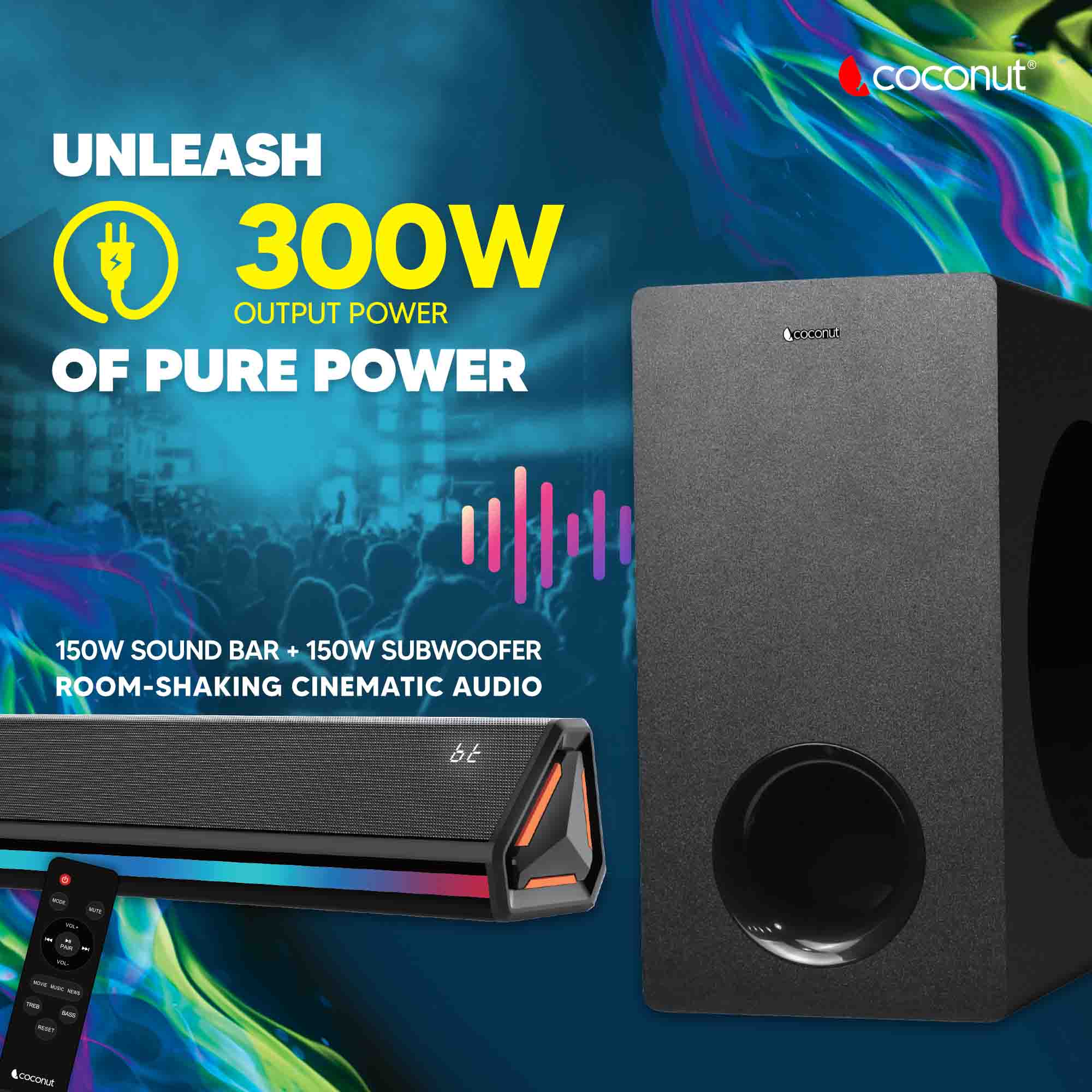 Taylor 300W RGB Sound Bar with 10” Woofer