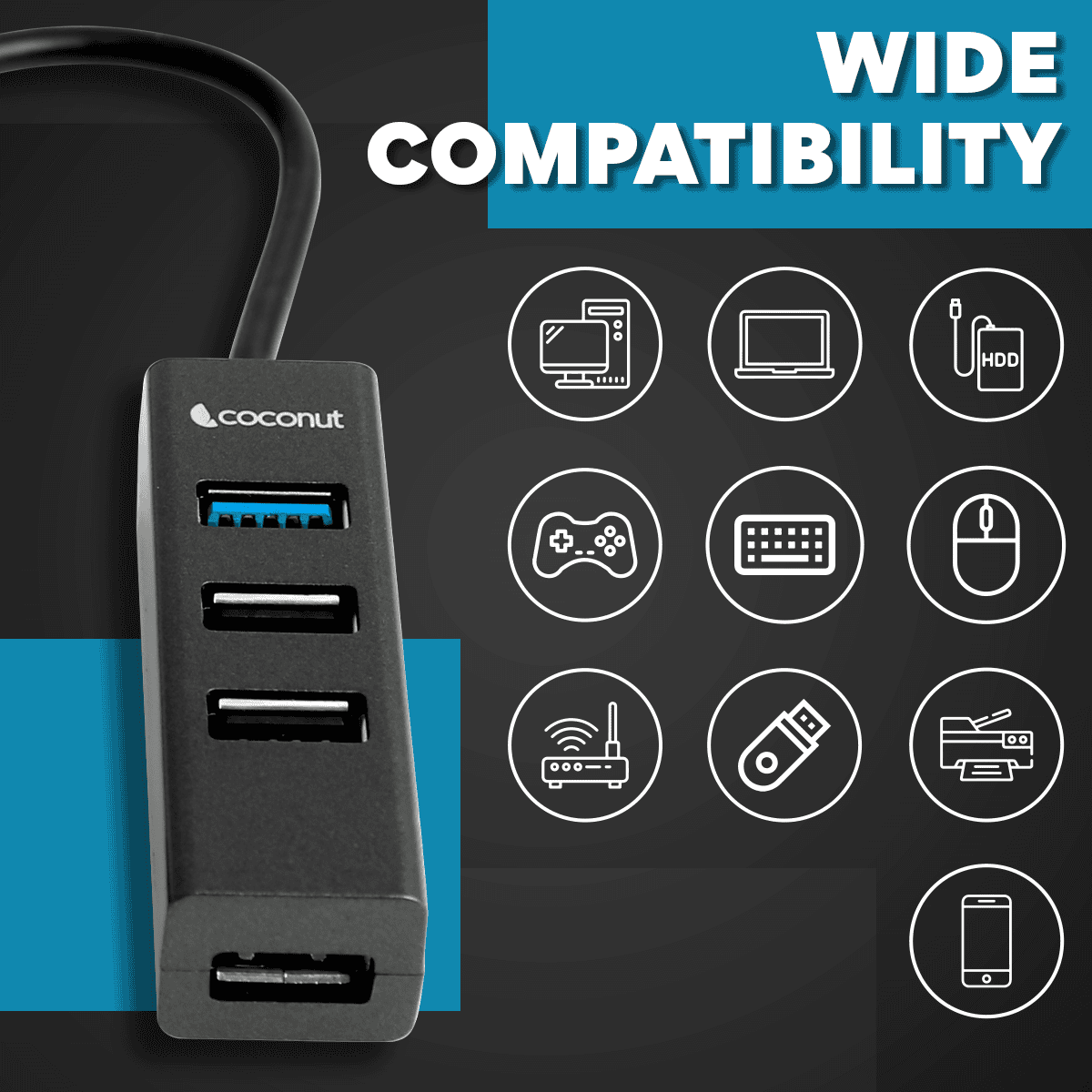 UH12 Mars 4-Port USB Hub, compact and sleek design, black