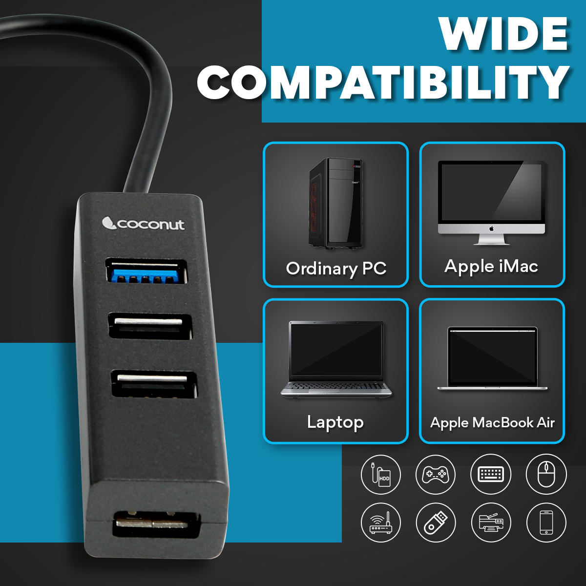 UH12 Mars 4-Port USB Hub, compact and sleek design, black