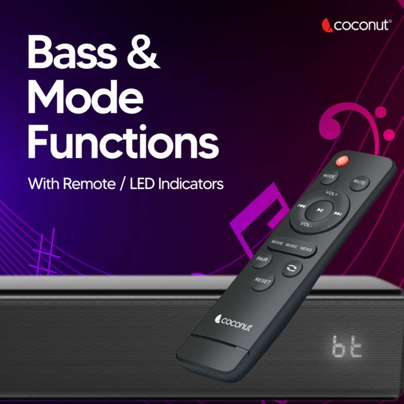 Demi 60W wireless sound bar with multiple inputs and loud speakers