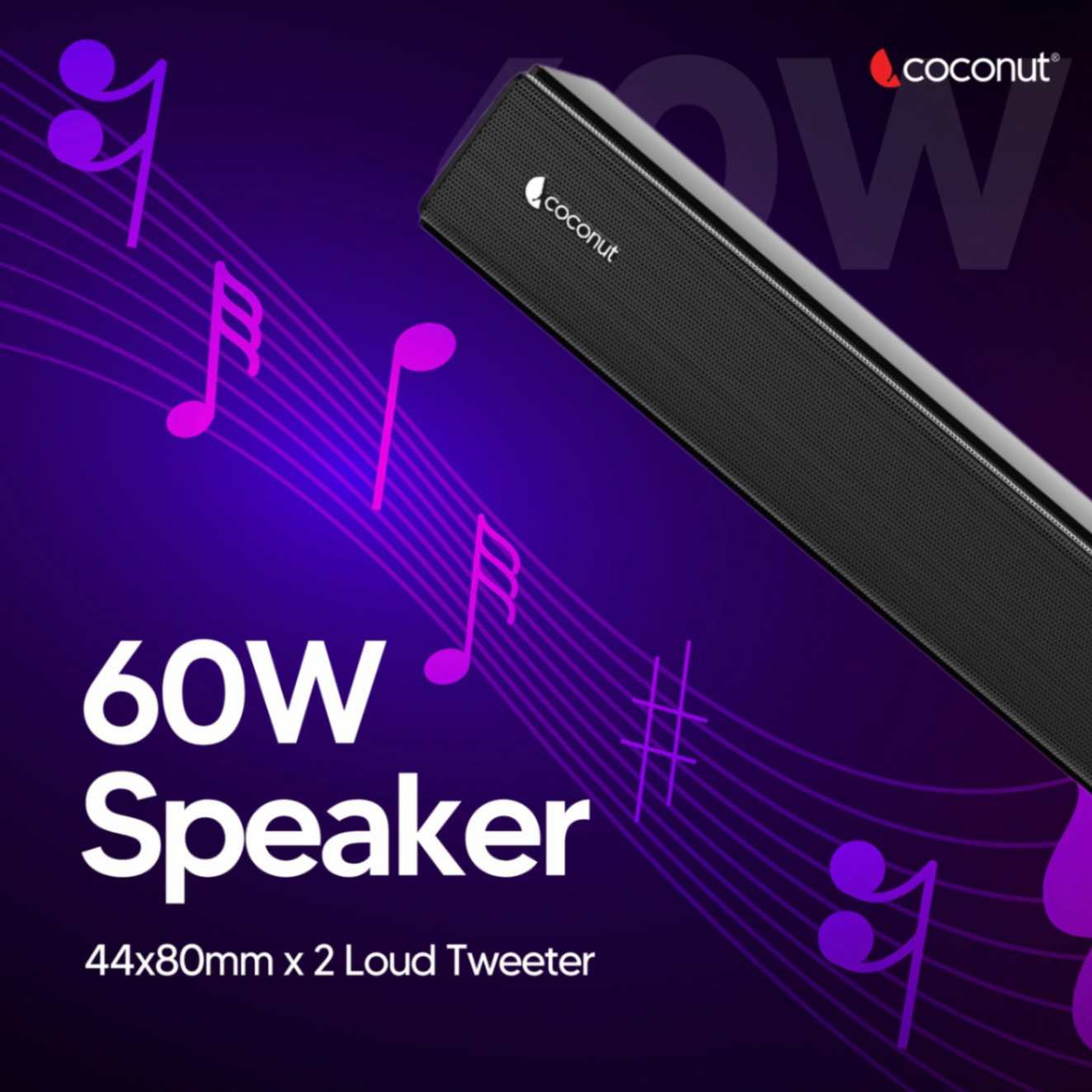 Demi 60W wireless sound bar with multiple inputs and loud speakers