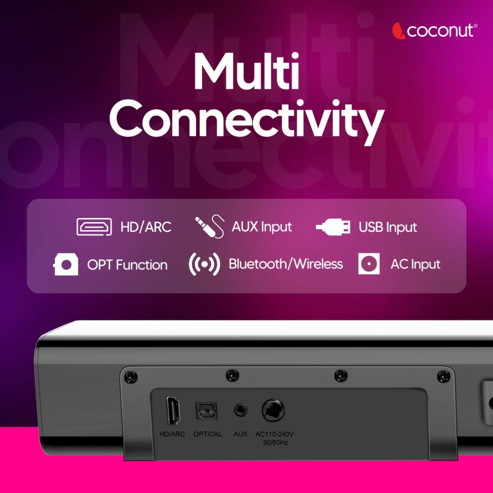 Demi 60W wireless sound bar with multiple inputs and loud speakers