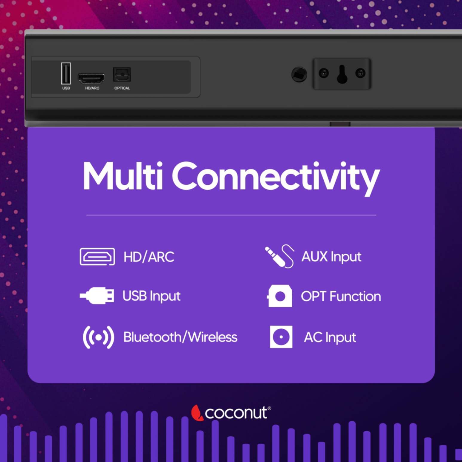 Carol 80W Wireless Sound Bar with multiple input connectivity