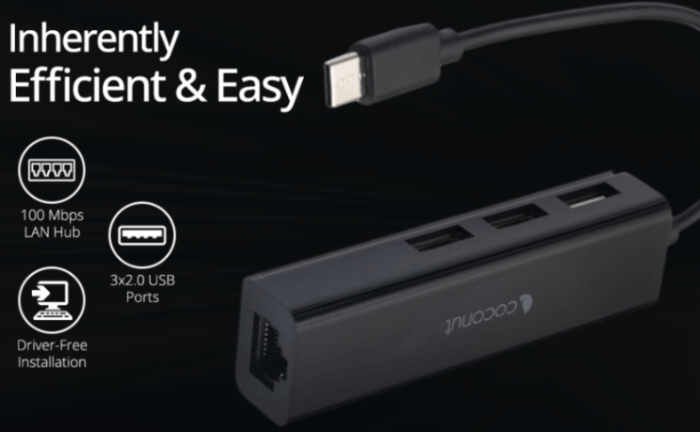 UL02 USB-C Hub with LAN Ethernet adapter and 3 USB 2.0 Ports