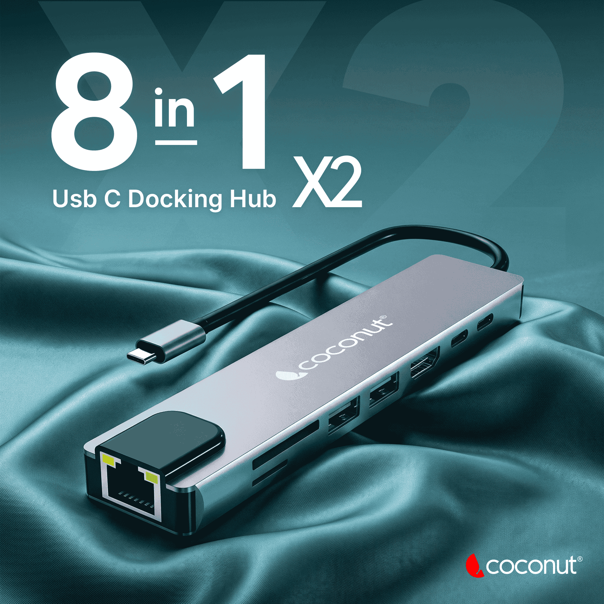 X2 8 in 1 Type C Docking Station with 4K HDMI 30Hz, 100Mbps Ethernet, USB 3.0, USB 2.0, SD & Micro SD Card Reader, Dual PD Charging