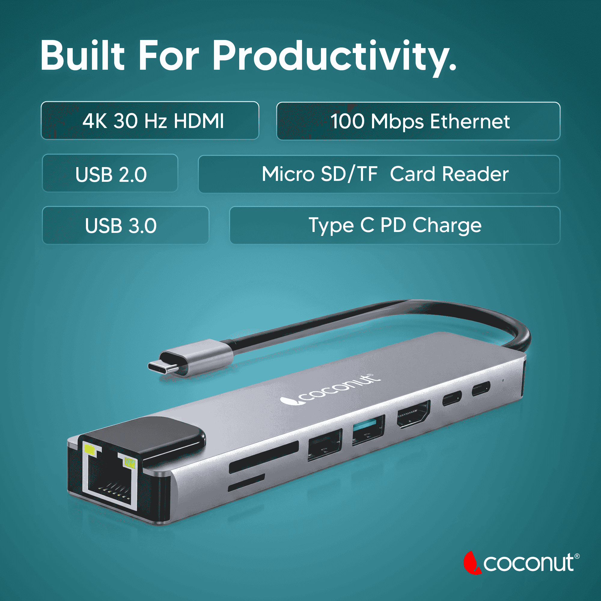 X2 8 in 1 Type C Docking Station with 4K HDMI 30Hz, 100Mbps Ethernet, USB 3.0, USB 2.0, SD & Micro SD Card Reader, Dual PD Charging