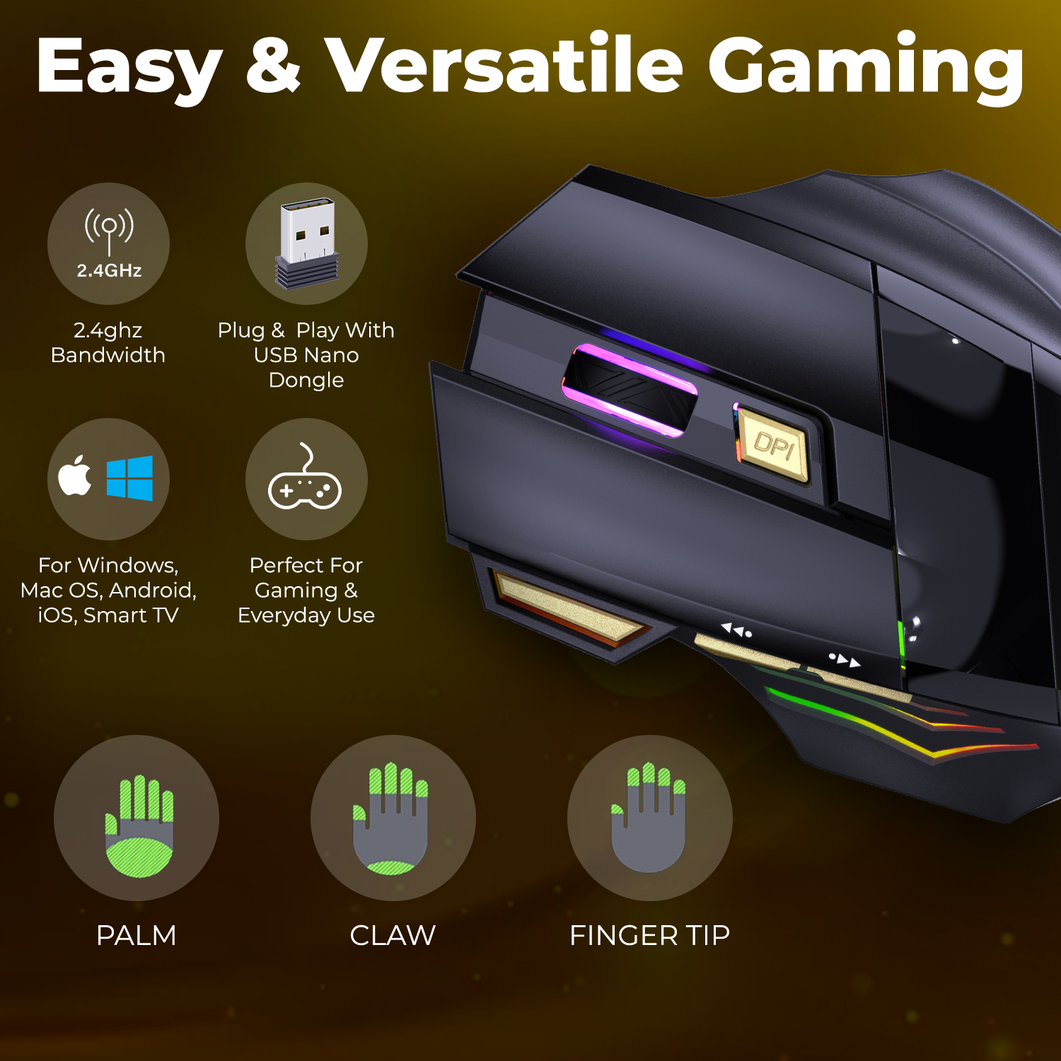 WM22 Gold Wireless Gaming Mouse, Rechargeable and Ergonomic Design