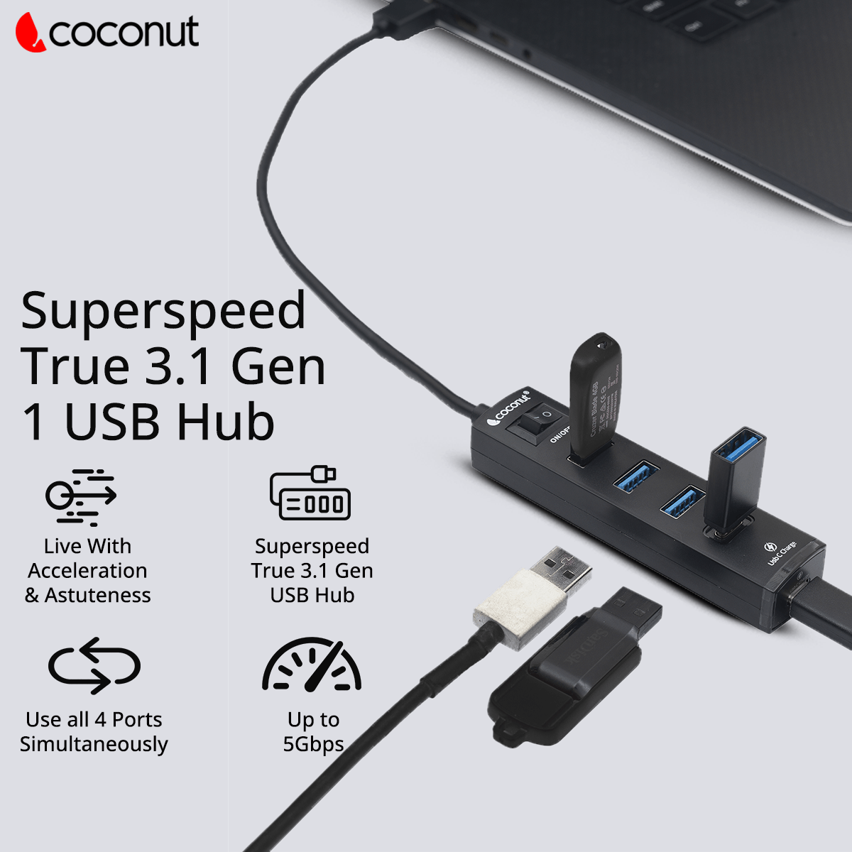 UH14 Jupiter 4 Port USB Hub + Type C Charger