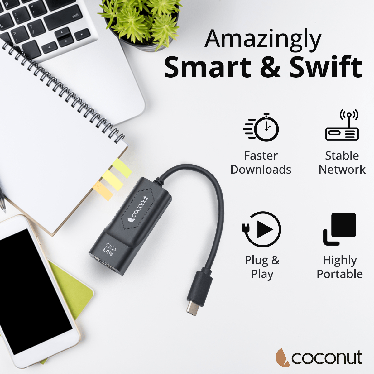 GLP02 Type C to Giga LAN adapter, plastic body, RJ45, 1000Mbps