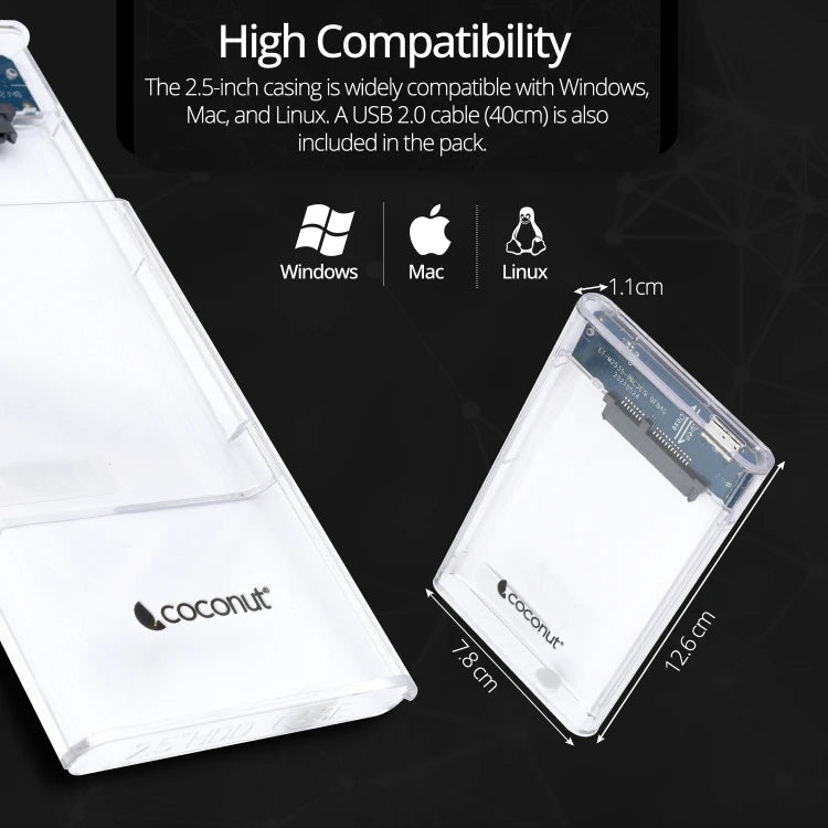 Transparent 2.5'' SATA SSD/HDD USB 2.0 casing for easy drive access