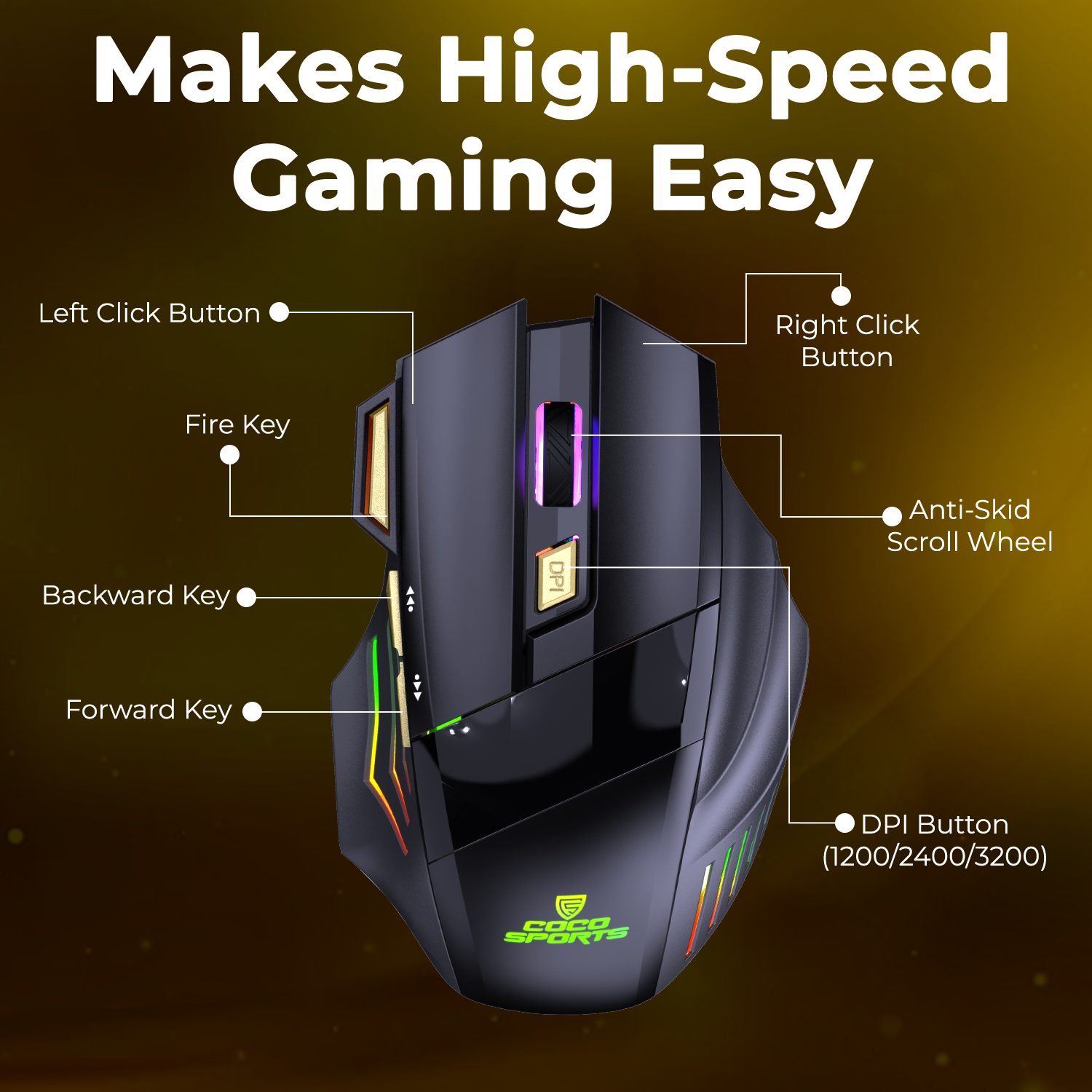WM22 Gold Wireless Gaming Mouse, Rechargeable and Ergonomic Design